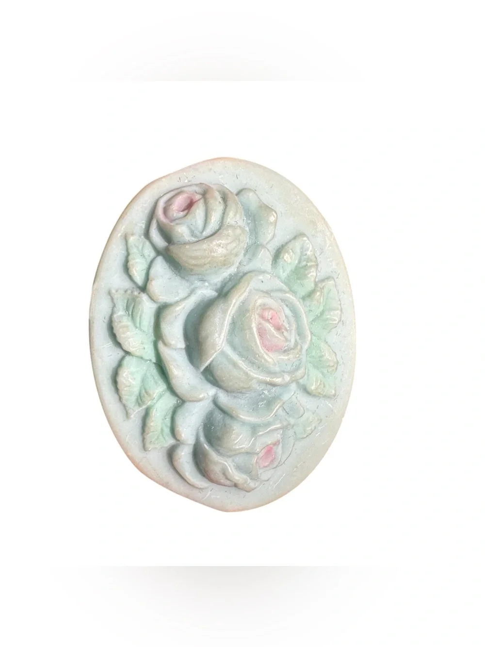 Oval Rose Floral Brooch Pin Pastel Aqua Pink Raised Flowers